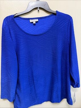 JM Collection Royal Blue Wave-Texture Scoop Neck Long Sleeve Top